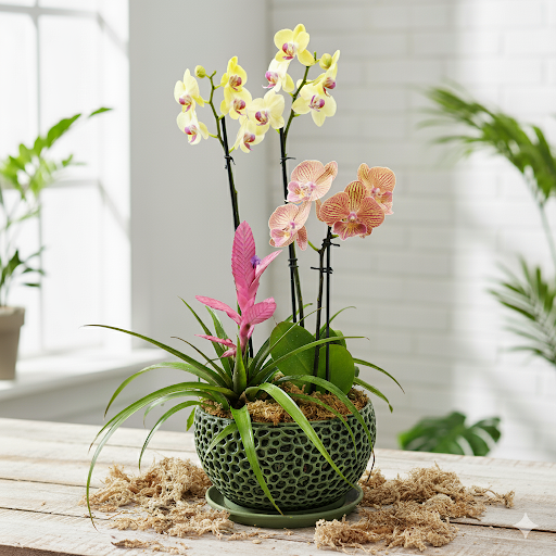FarmFusion3D’s green lattice orchid bowl with orchids in bloom